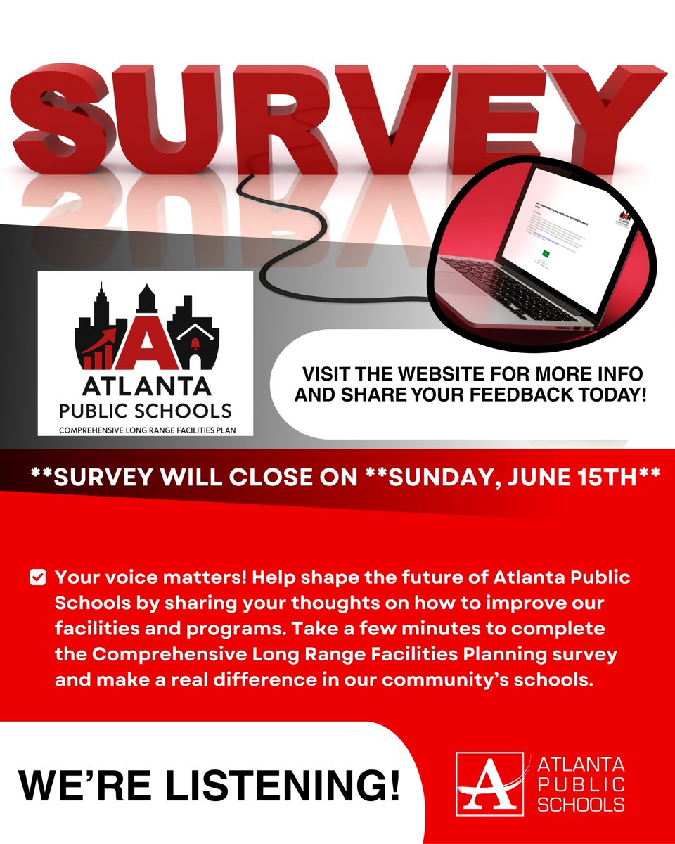 🗣️ Your voice matters! 🏫✨ Help shape the future of Atlanta Public Schools by sharing your thoughts on how to improve our facilities and programs. Take a few minutes to complete the Comprehensive Long Range Facilities Planning survey and make a real difference in our community’s