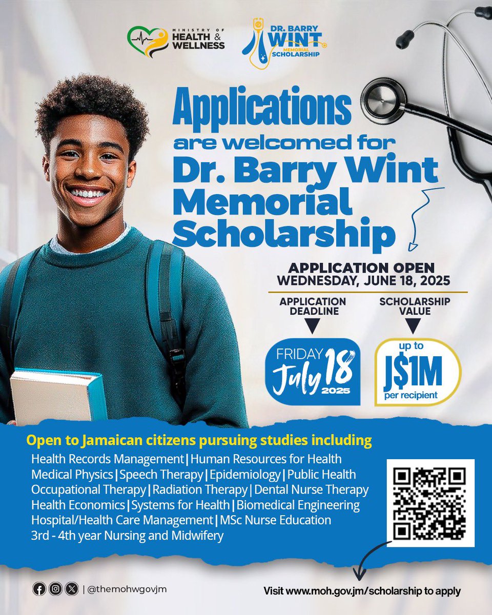 themohwgovjm's tweet image. 🎓 Applications are open for the Dr. Barry Wint Memorial Scholarship!

💰 Up to J$1M per recipient
🗓️ Deadline: July 18, 2025
🌐 Apply: moh.gov.jm/scholarship