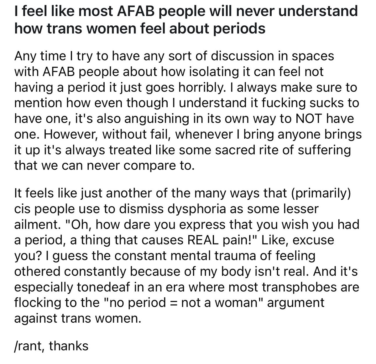 Dragonpanties's tweet image. A fixation on “having a period” is like a fixation on talking in ones sleep. The enchantment is entirely symbolic, generated entirely within this persons psyche & unrelated to “having a period” which is simply, exactly as varied as the number of people who “have a period”.