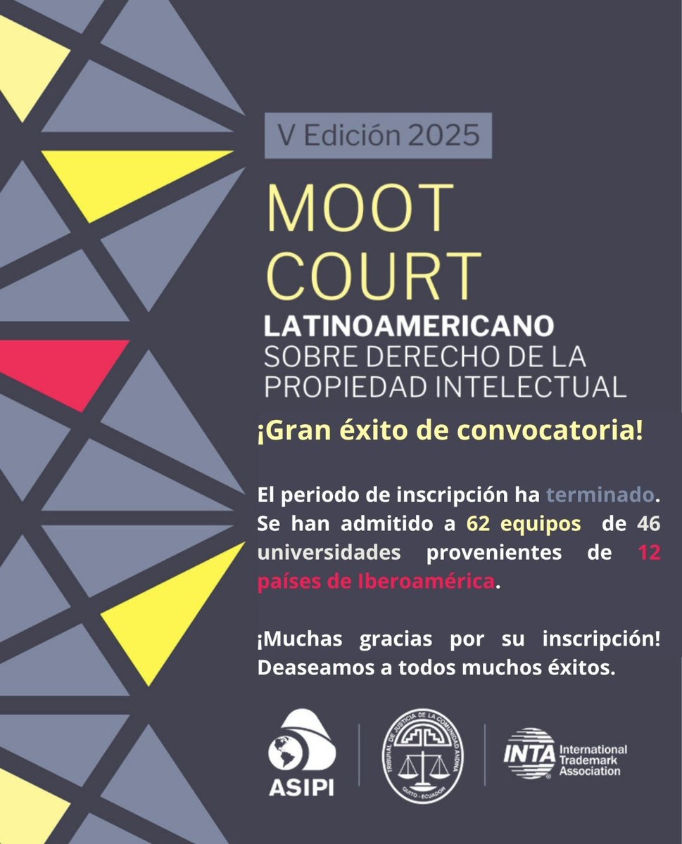 Las inscripciones del Moot Court 2025 han finalizado: competirán 62 equipos de 46 universidades provenientes de 12 países de Iberoamérica. 

Presentación de demandas: 20/07/2025. 

¡Muchos éxitos!

Para mayor información: tribunalandino.org.ec/index.php/moot…