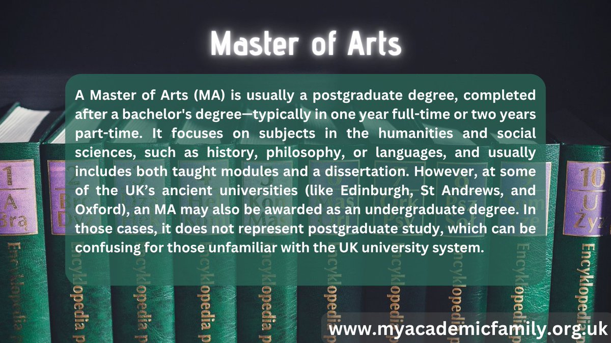 🎓 Today's Term: Master of Arts (MA)

Not all MAs are what they seem, especially in the UK! Want to understand the difference between undergrad and postgrad MAs?

📘Check out our #Encyclopedia of #University Terms for helpful, clear definitions

🔗 myacademicfamily.org.uk