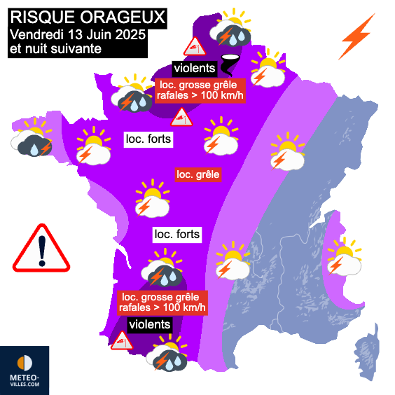 Guillaume Séchet (@meteovilles) on Twitter photo ⚡ De violents #orages sont redoutés ce vendredi 13 juin 2025, notamment en fin de journée sur le nord et le sud-ouest du pays ! Explications et prévisions dans notre article ➡️ meteo-villes.com/actualites/vio… ⚡ De violents #orages sont redoutés ce vendredi 13 juin 2025, notamment en fin de journée sur le nord et le sud-ouest du pays ! Explications et prévisions dans notre article ➡️ meteo-villes.com/actualites/vio…