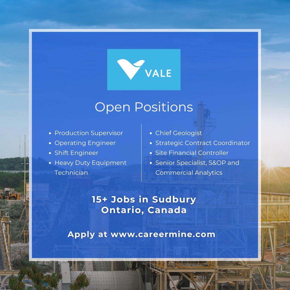 Vale Base Metals is growing its team in Sudbury, Ontario Canada — a world-class mining hub and home to exciting opportunities in underground mining, technical services, engineering, health &amp; safety, and more.

Explore open roles and apply today:
👉careermine.com/minisites/vale…