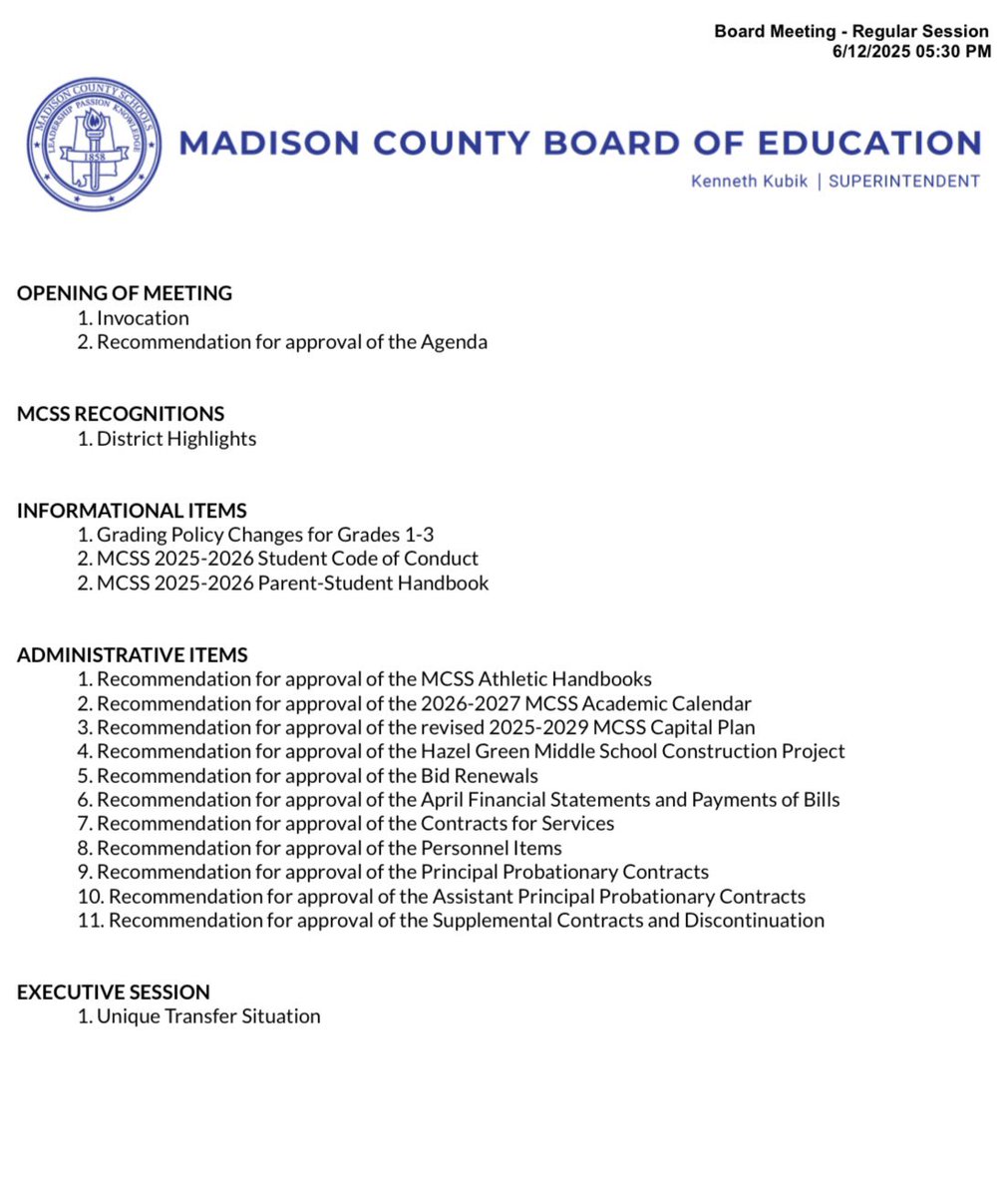 Please see the agenda for the Thursday, June 12, 2025, Regular Session meeting of the Madison County Board of Education.

This meeting will also be streamed live on the MCSS YouTube channel. #MCSSDistrict4