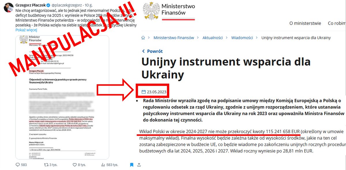 RafalMundry's tweet image. Zgodę na spłatę odsetek Ukrainy wydał Morawiecki a nie Tusk
Nie w 2025 a w maju 2023
I nie 100 mln zł a nawet pół miliarda zł⚠️
Do 2027 roku
Teraz poszła transza. To tyle ile idzie w rok na in vitro

Dobrze, że rzecznik rządu już to wyjaśnił, prawda? 🤔
gov.pl/web/finanse/un…