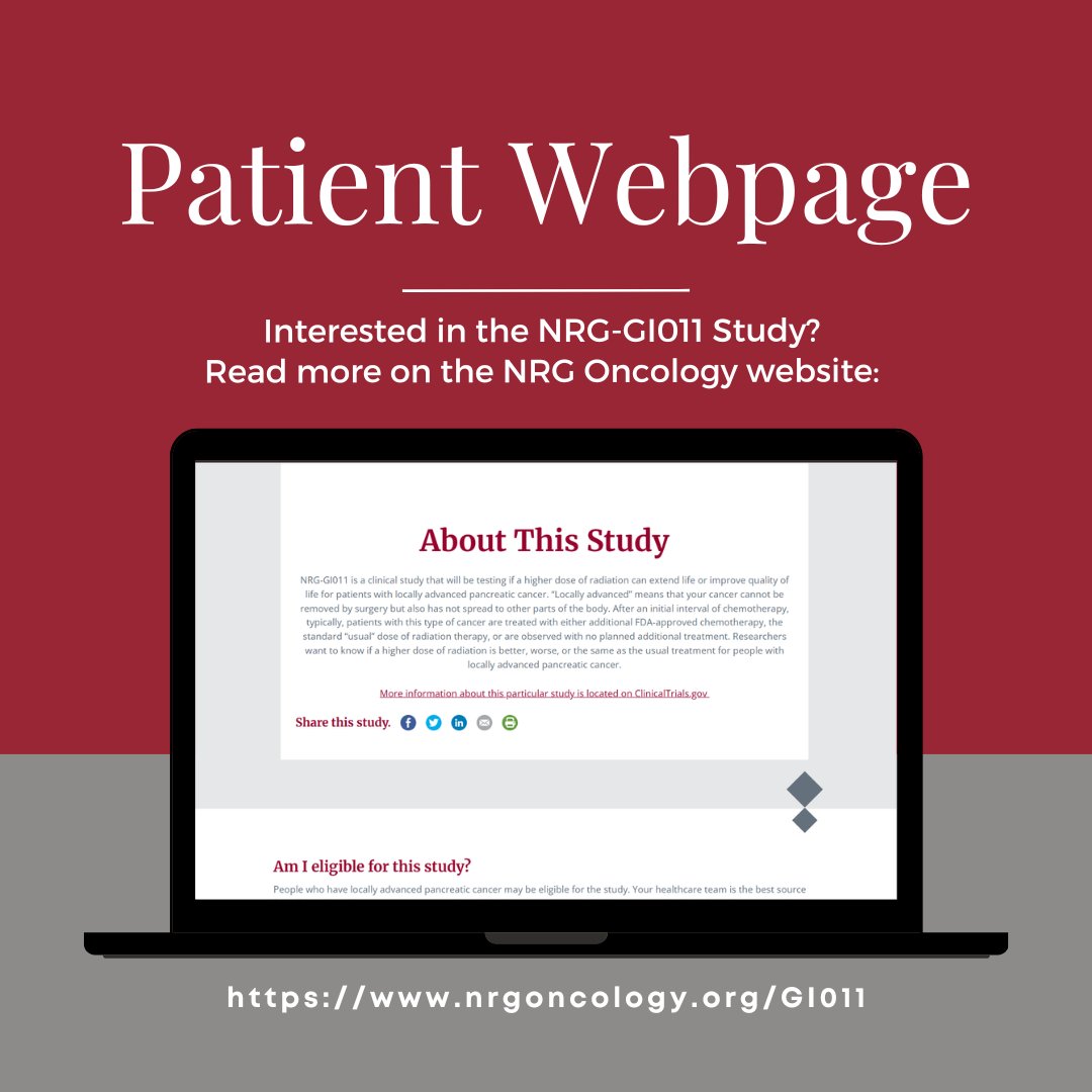 NRG Oncology (@nrgonc) on Twitter photo Our patient study webpage for the recently activated NRG-GI011 trial is now available at NRGOncology.org/GI011 as well as a patient study brochure. Learn more about this study testing higher dose radiation therapy for locally advanced #PancreaticCancer #PanCAN <a href="/NiuSanford/">Dr. Nina Niu Sanford</a> Our patient study webpage for the recently activated NRG-GI011 trial is now available at NRGOncology.org/GI011 as well as a patient study brochure. Learn more about this study testing higher dose radiation therapy for locally advanced #PancreaticCancer #PanCAN <a href="/NiuSanford/">Dr. Nina Niu Sanford</a>