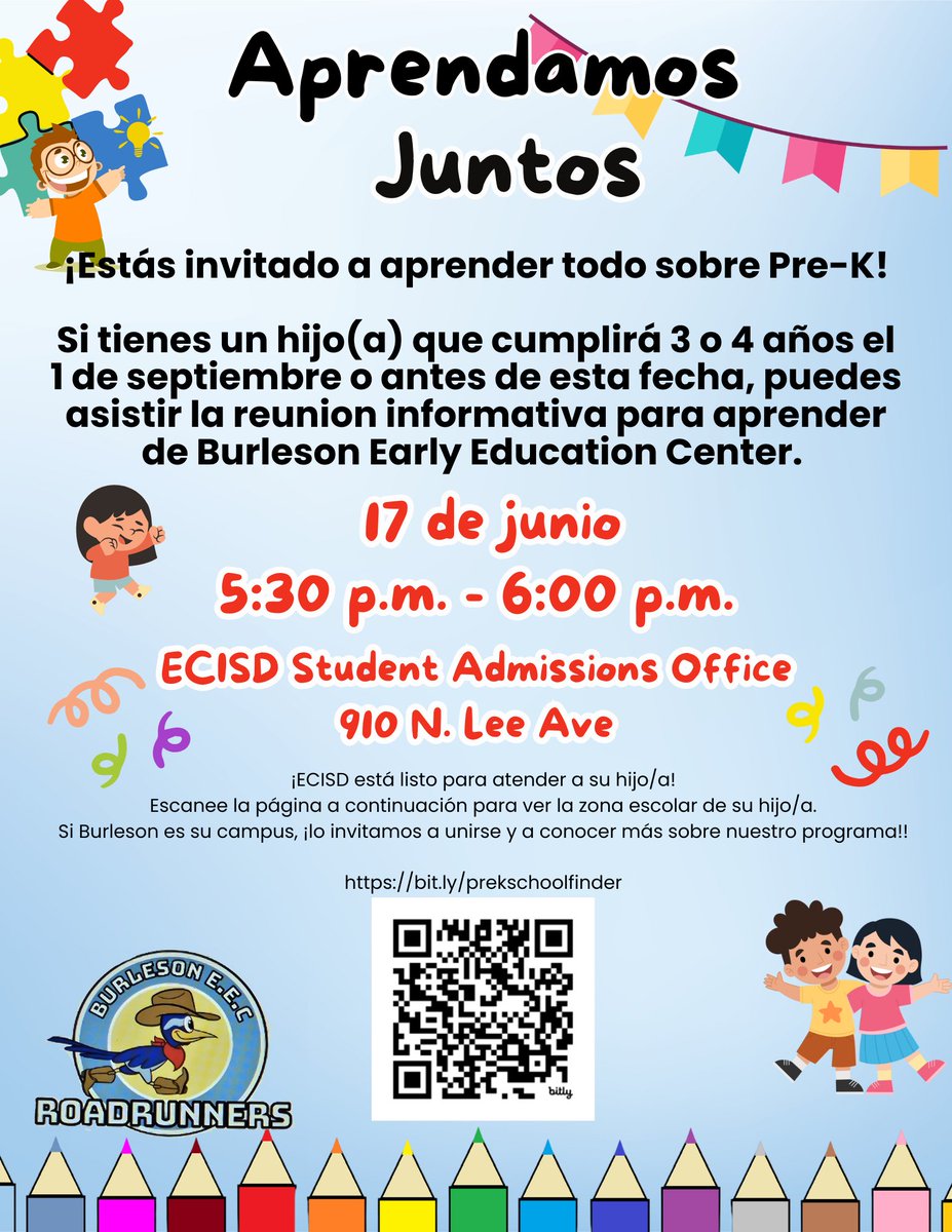 Is your child or a child you know turning 3 or 4 by September 1? Come learn about Pre-K at Burleson EEC!
Join us for a short info session on June 17, 5:30–6:00 PM at the ECISD Student Admissions Office (910 N. Lee Ave). Check zoned campuses here: bit.ly/prekschoolfind…