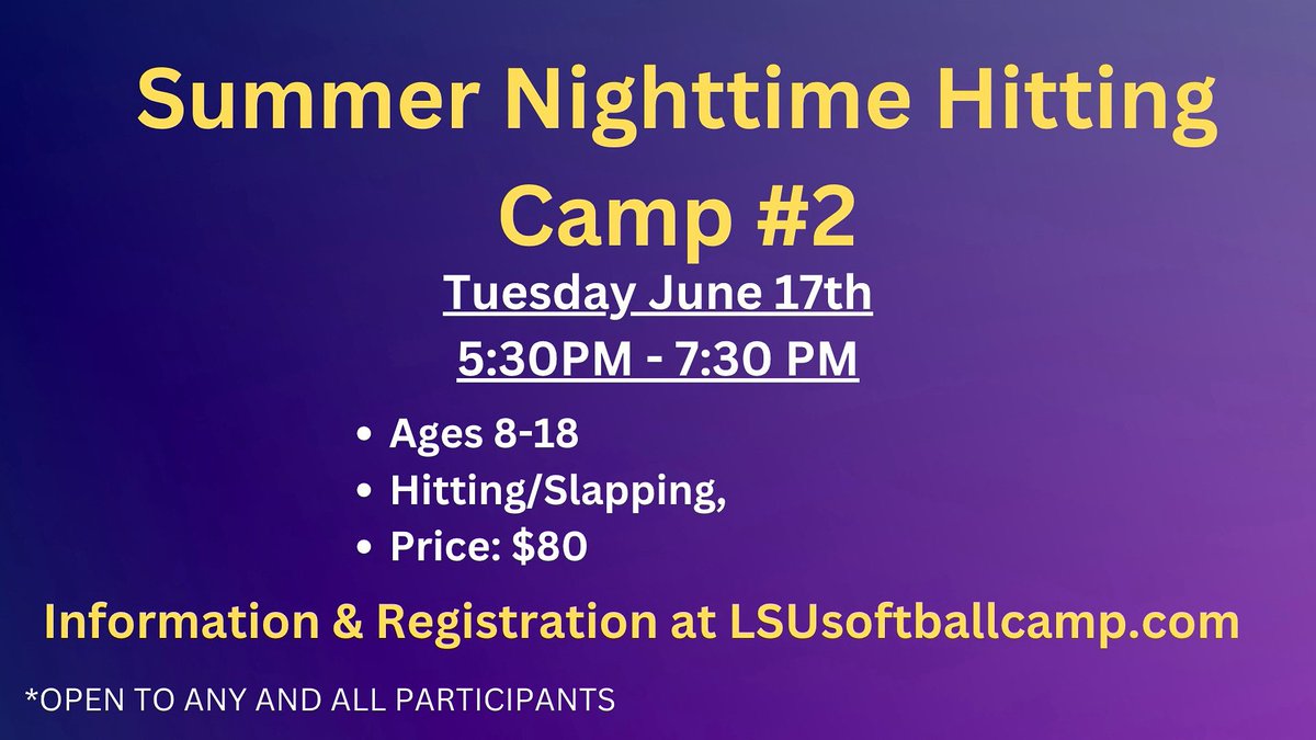 FINAL CALL 🗣️🗣️
Last chance to sign up for our upcoming Nighttime Hitting Camp #2, All Skills Camp, and Pitching/Catching Camp. Check out our website at lsusoftballcamp.com to register NOW! 🐅
