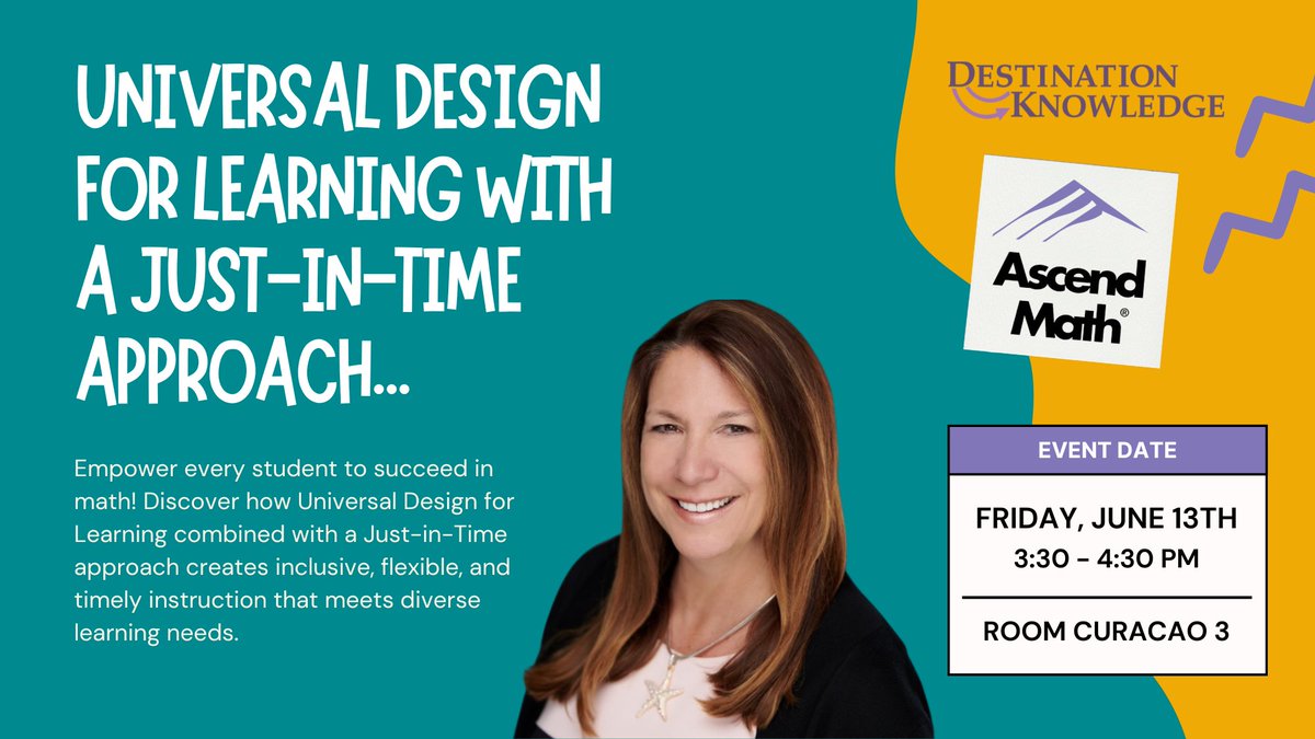 DestKnow's tweet image. At #FCTMATH tomorrow?

Kristine Marsh will be presenting Universal Design for Learning with a Just-in-Time Approach. A session built around making math instruction more inclusive, flexible, and responsive to student needs.

📅 Friday, June 13th
📍 Curacao 3