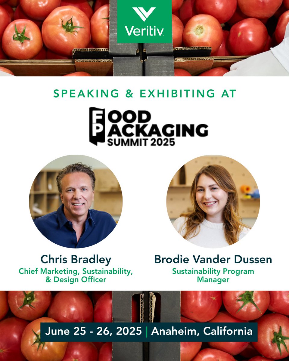 We’re headed to the #Food Packaging Summit June 25–26 in Anaheim!
Veritiv’s Chris Bradley and Brodie Vander Dussen will be taking the stage to share insights on the future of #sustainable #packaging. We'll be exhibiting innovative food packaging designed with the planet in mind.