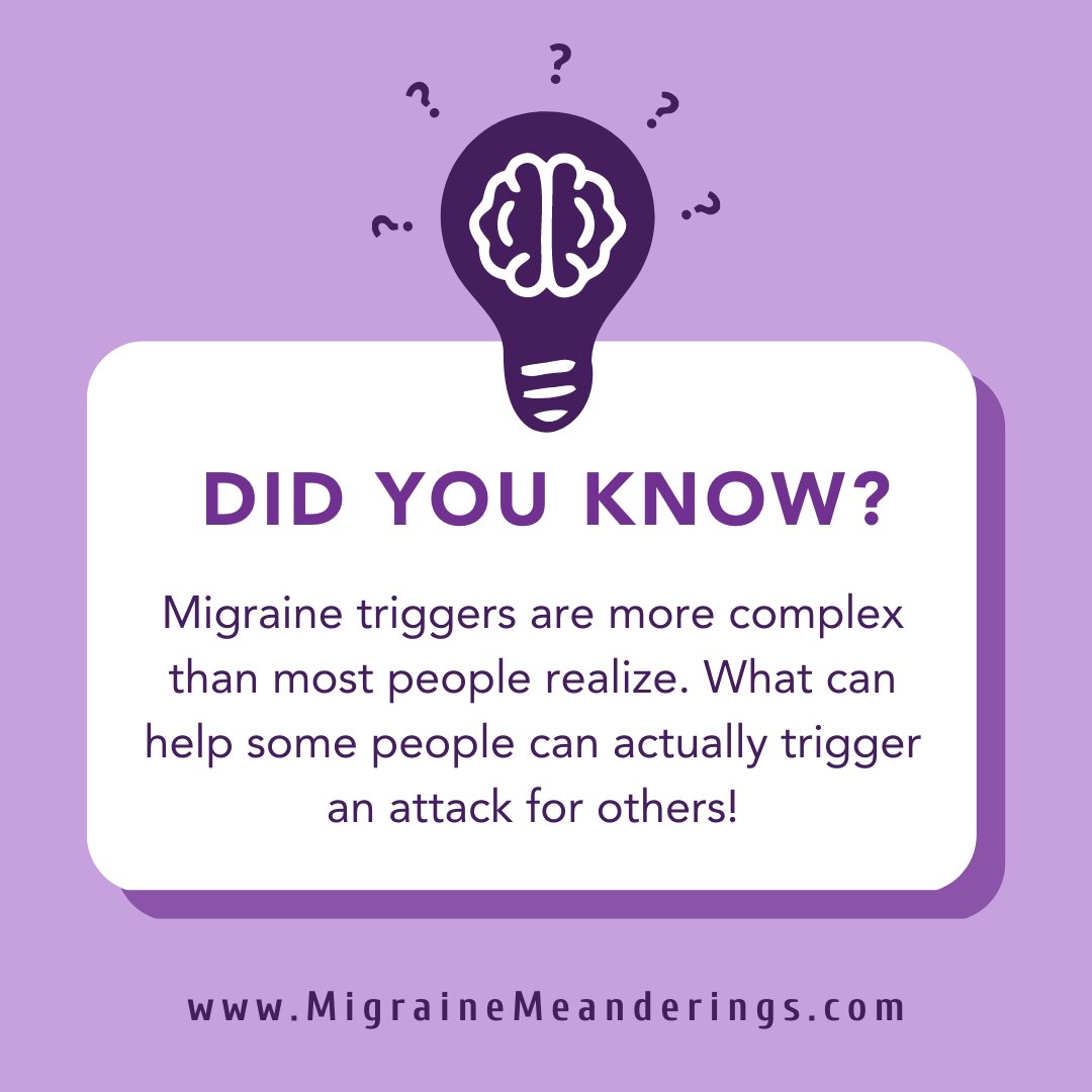 What triggers one person's #migraine may even help alleviate another's. Chocolate is a good example. Our triggers are as unique as we are.

What are your top 3 #MigraineTriggers? Share in the comments! 👇

#MHAM2025 #MHAM #migraineawareness #migrainelife  #migraines
