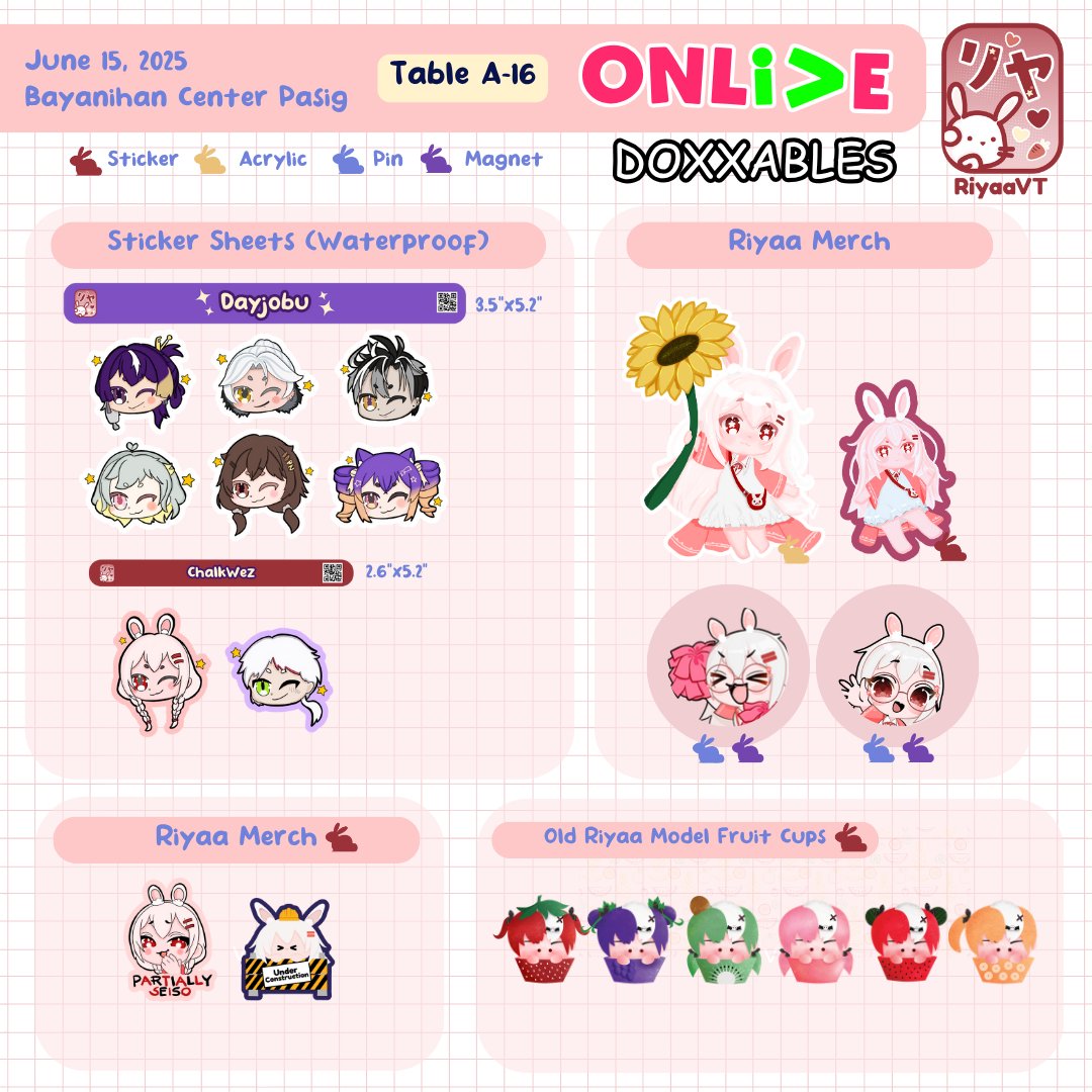 [♥️RTs] 
🐇Catalog for #ONLivePH2025  
🐇I'll be at table A16 [Doxxables: VT Edition] 
🐇PH Vtuber Stickers and Riyaa Merch 

🐇It my very first table as an artist uwu 👉👈

See ya!
#OnLive2025