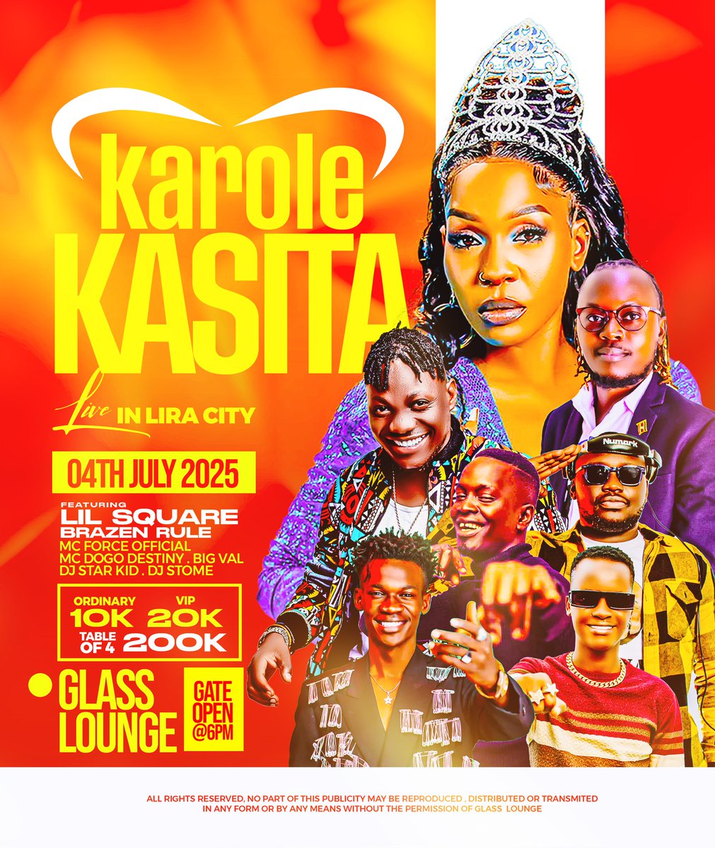 BridgetCristab1's tweet image. *Get ready for an unforgettable night of music and entertainment! Karole Kasita, Uganda's multi-talented and award-winning artist, is set to dazzle audiences with a live performance in Lira on July 4th
*Tax, Gen:10K,VIP:20K, TABLE OF 4 200K*
*MISS BRIDGET*☑️