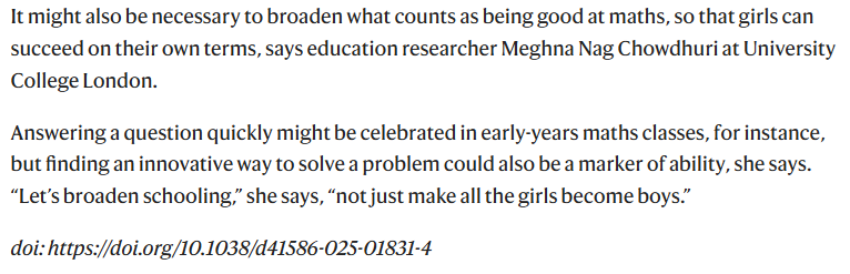 Meghna Nag Chowdhuri (@meghnanc) on Twitter photo Latest study published in Nature shows that gender gap in maths starts early, right from the first year of school! I share my thoughts on what needs to change in how we define and teach maths in early education.
nature.com/articles/d4158…
Thanks <a href="/labhopping/">LabHopping</a> for the shoutout! Latest study published in Nature shows that gender gap in maths starts early, right from the first year of school! I share my thoughts on what needs to change in how we define and teach maths in early education.
nature.com/articles/d4158…
Thanks <a href="/labhopping/">LabHopping</a> for the shoutout!
