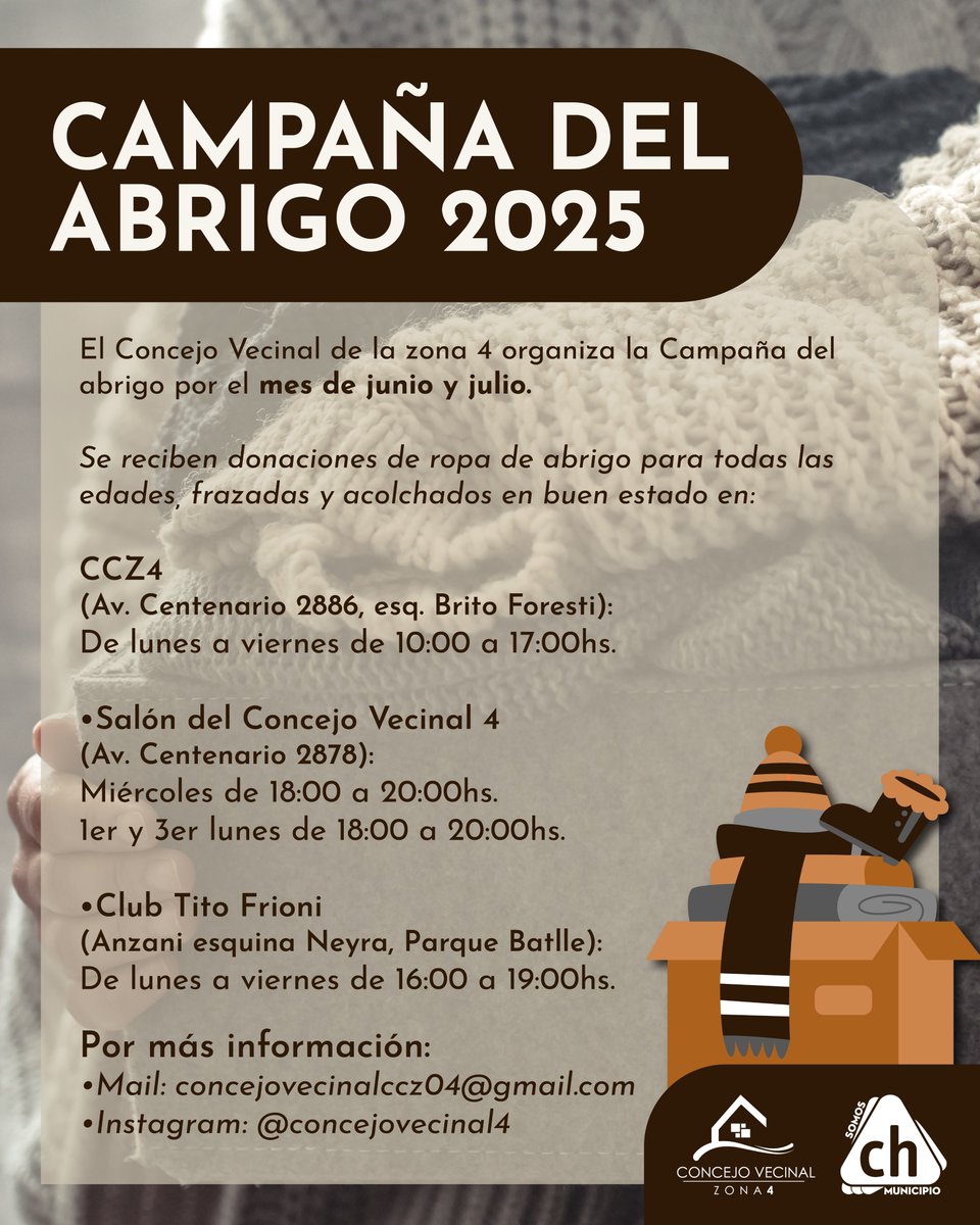 ¡Sumate a la Campaña del Abrigo 2025!
Durante junio y julio, el Concejo Vecinal de la Zona 4 organiza una recolección solidaria de ropa de abrigo para todas las edades, frazadas y acolchados en buen estado

¡Tu abrigo puede hacer la diferencia este invierno!
#SomosCH