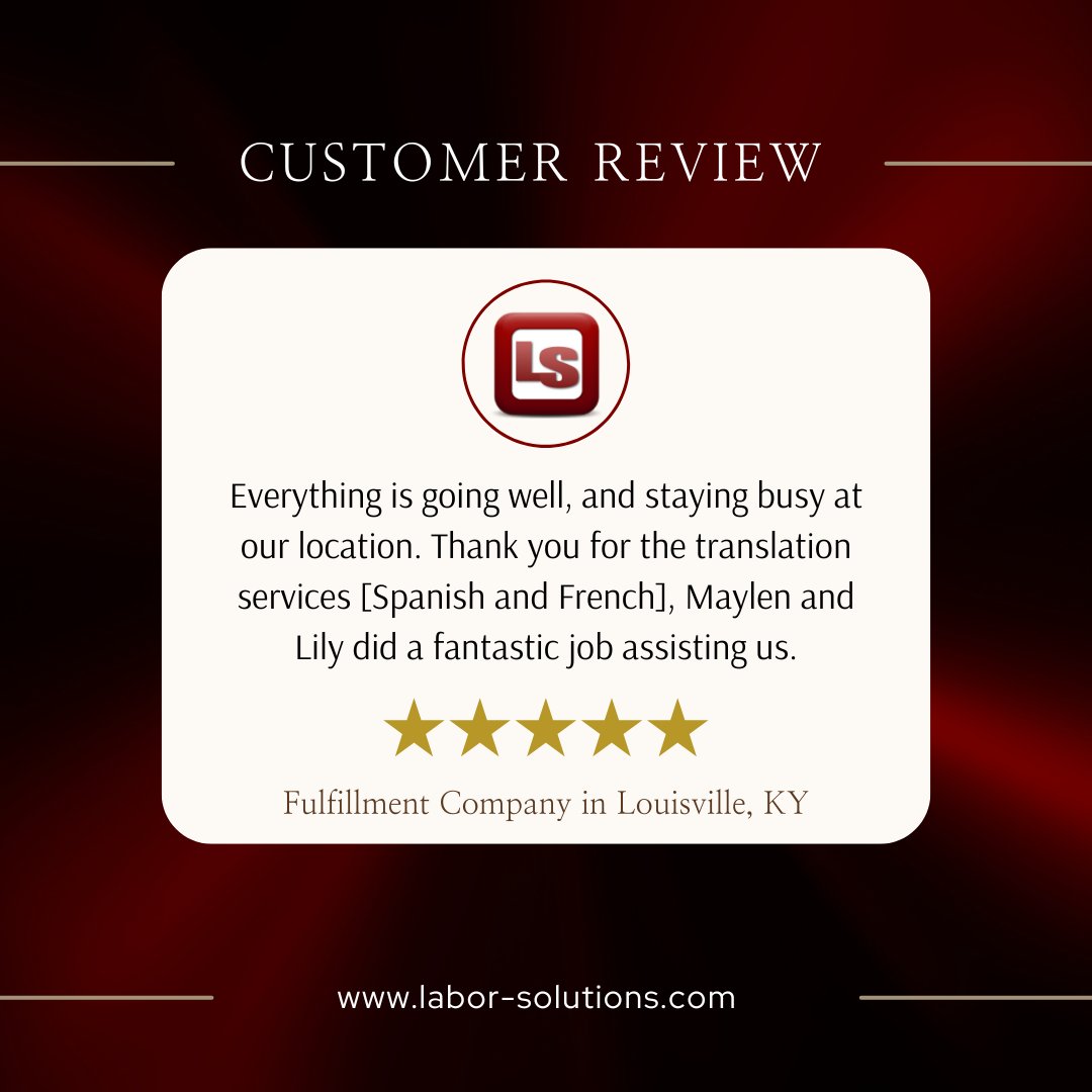 🌟 Client Testimonial Spotlight 🌟

Experience the Labor Solutions Difference
labor-solutions.com/contact/ 

#LaborSolutions #StaffingIndustry #CustomerTestimonial