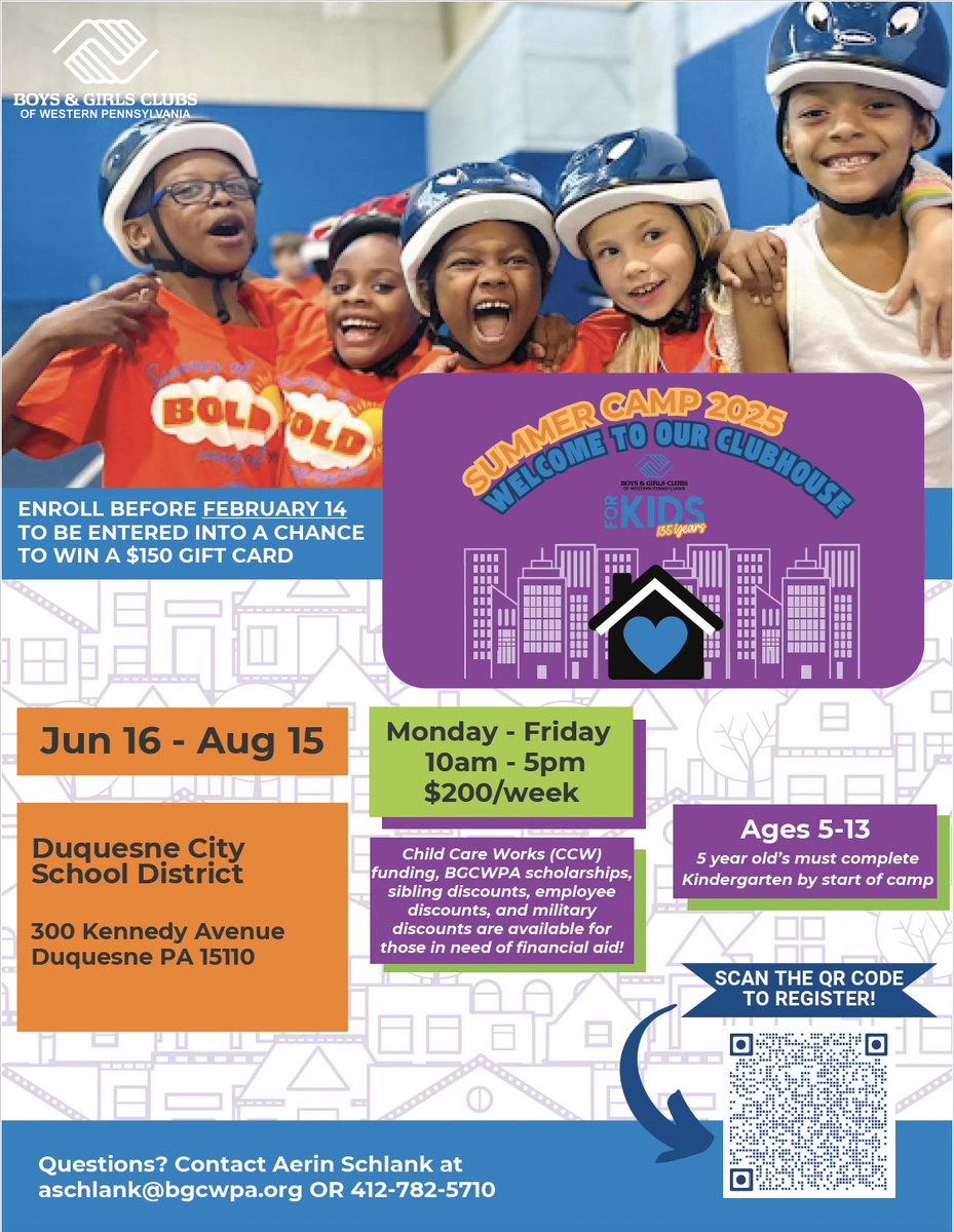 The Boys and Girls Club is offering a Summer Camp at the district from June 16 - August 15 for children in the age range of 5-13. Hit the link or scan the QR code to register. schoolcareworks.com/registration/b…