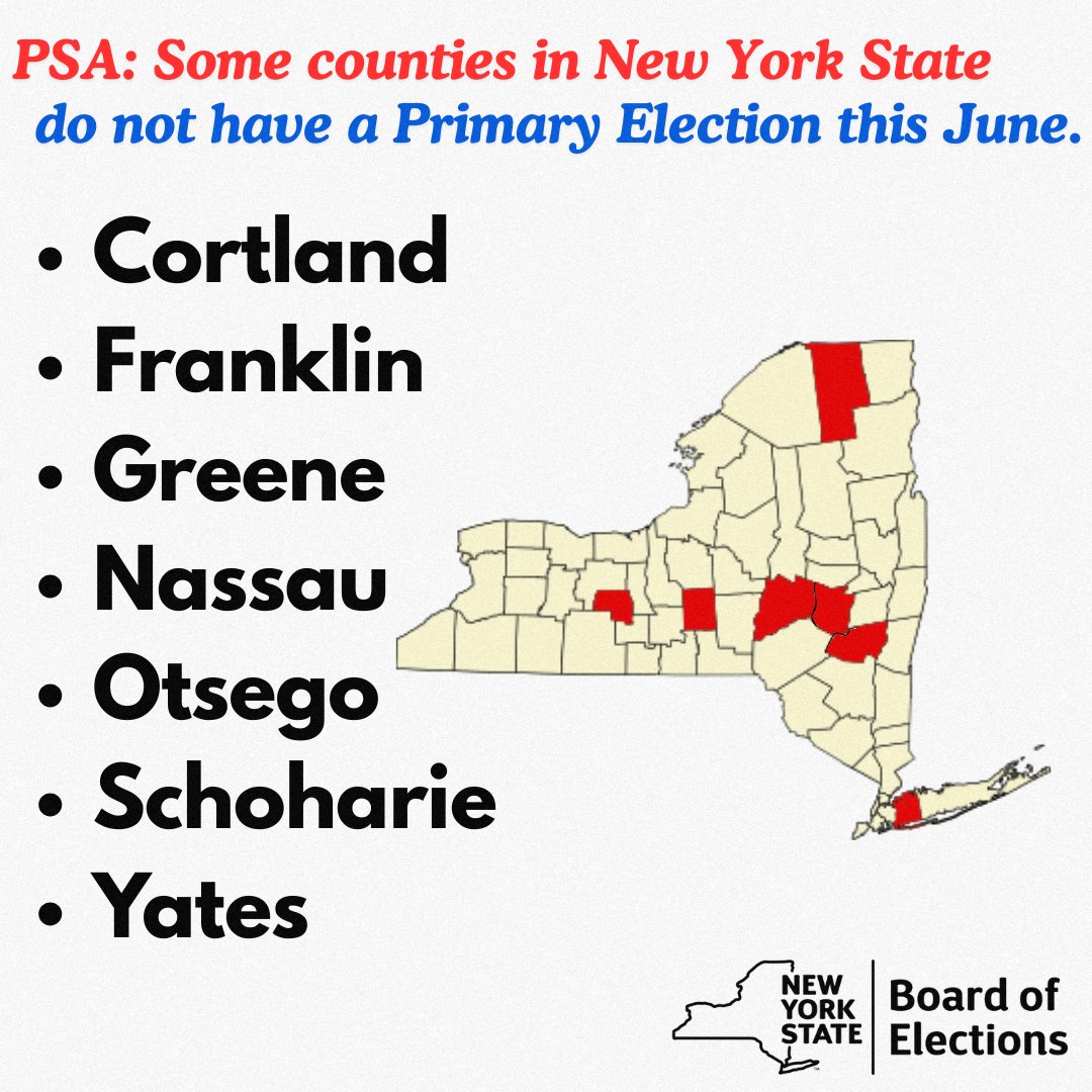 These 7 counties have no Primary Election this June. If you are a resident of these counties, it’s already time to get psyched for the General Election! If you live in a county not listed, you may have a Primary Election. Contact your local Board of Elections for info.