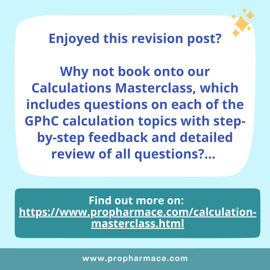 ProPharmace's tweet image. In the run up to the GPhC registration assessment we will be posting questions to aid your revision!  Try our our GPhC-style calculation question with rationales and top tips to go with it!✨💊  #GPhCPreparation #FoundationTraining #PharmacyEducation #PharmacistTraining