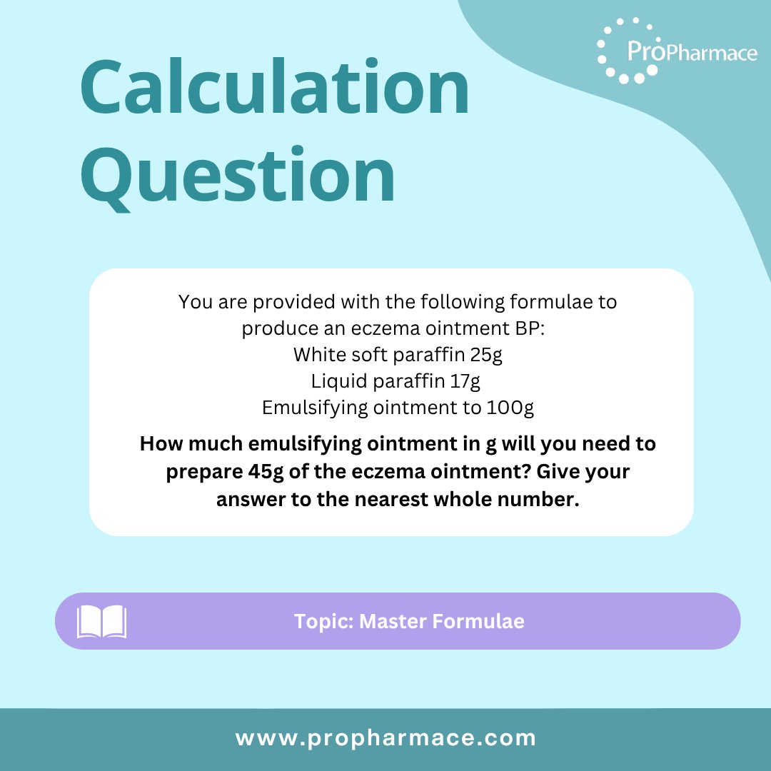 ProPharmace's tweet image. In the run up to the GPhC registration assessment we will be posting questions to aid your revision!  Try our our GPhC-style calculation question with rationales and top tips to go with it!✨💊  #GPhCPreparation #FoundationTraining #PharmacyEducation #PharmacistTraining