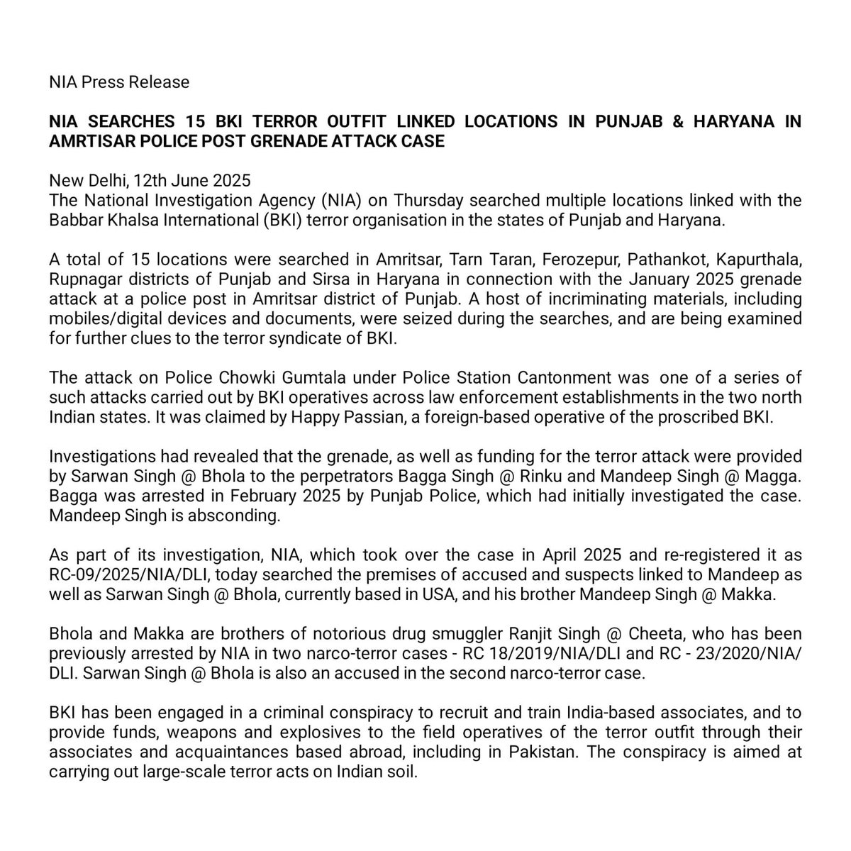 NIA Searches 15 BKI Terror Outfit Linked Locations in Punjab &amp; Haryana in Amritsar Police Post Grenade Attack Case