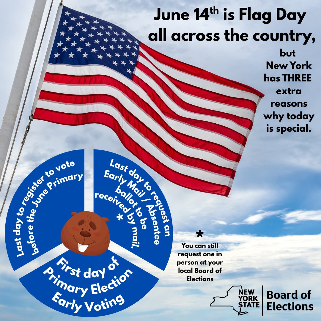 What better way to celebrate Flag Day than to participate in an election?! In NYS, today is the last day to register to vote before the Primary, the last day to request a Primary ballot be mailed to you, AND the first day of in-person Early Voting!