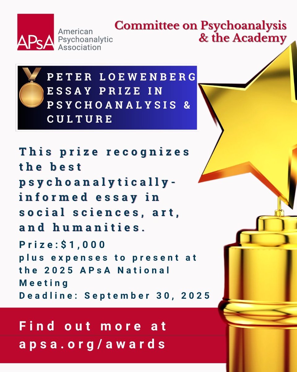 Opportunities abound at APsA this summer!

The APsA Committee on Psychoanalysis &amp; the Academy is offering 4 awards w/ deadlines on Sept. 30:
🥇Tuition Support for Academics
🥇Undergraduate Essay Prize
🥇 APsA Book Prize 
🥇Peter Loewenberg Essay Prize

 🏆 apsa.org/awards