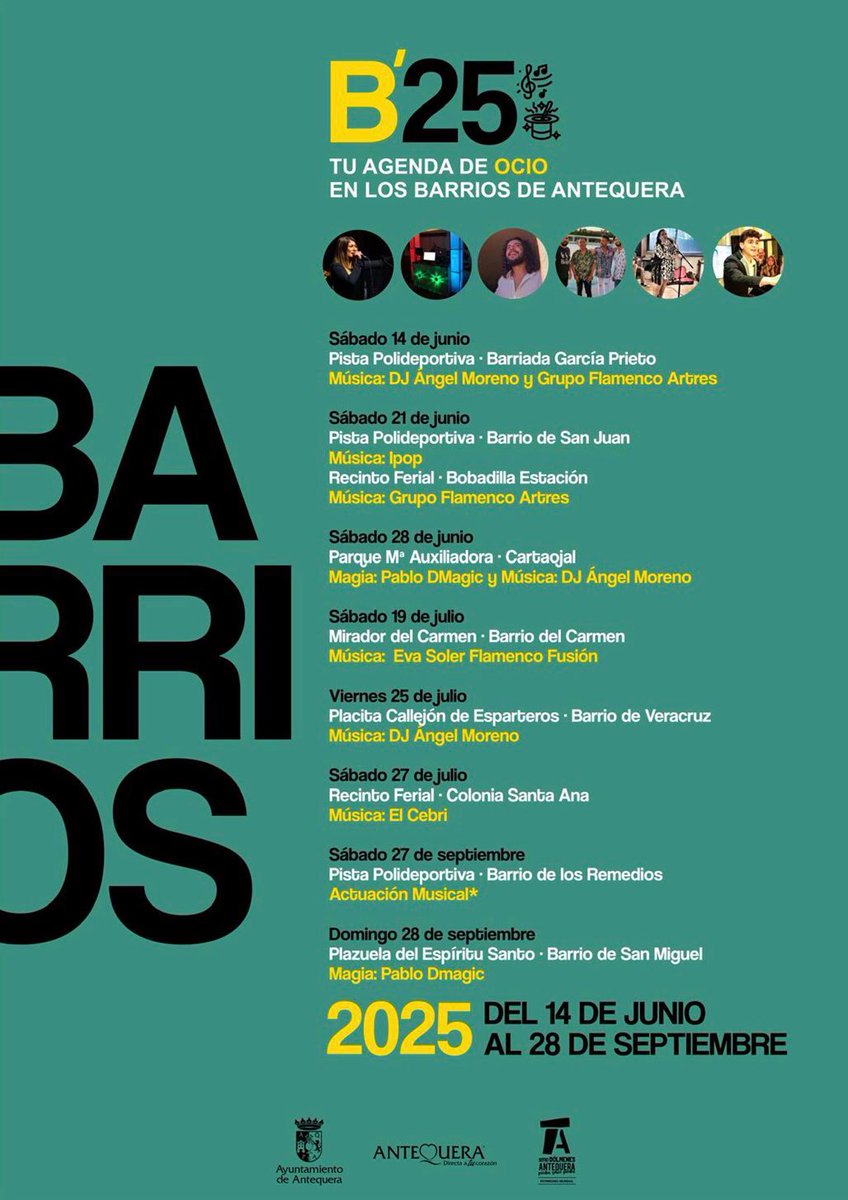 🎸🎩 Este sábado arranca #B25: música y ocio en los barrios y <a href="/pedaniasatq/">Pedanías de Antequera</a>

La programación se desarrollará entre el 14 #junio y el 28 #septiembre

📲 Más información:
antequera.es/noticias/busca…

#Antequera es #MásCiudad