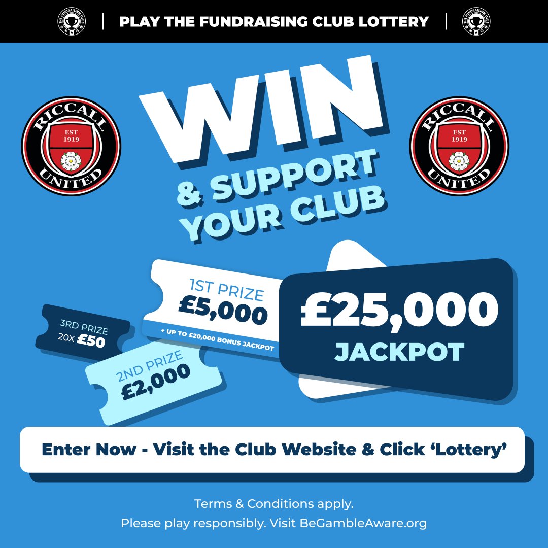 Play The Fundraising Club Lottery. Every ticket supports club development and you could WIN up to £25,000!
>> CLICK HERE to buy your ticket ow.ly/lohT50W8ebJ
Strictly over 18s only.
Terms and conditions apply. For advice and support, visit ow.ly/awzr50W8ebK