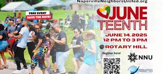 Naperville Neighbors United is hosting its annual #Juneteenth celebration on Saturday, June 14th from 12pm to 3pm at Rotary Hill.

This event is free to the public but registration is required to help them plan. 

Please grab your free tickets at NNUjuneteenth2025.eventbrite.com