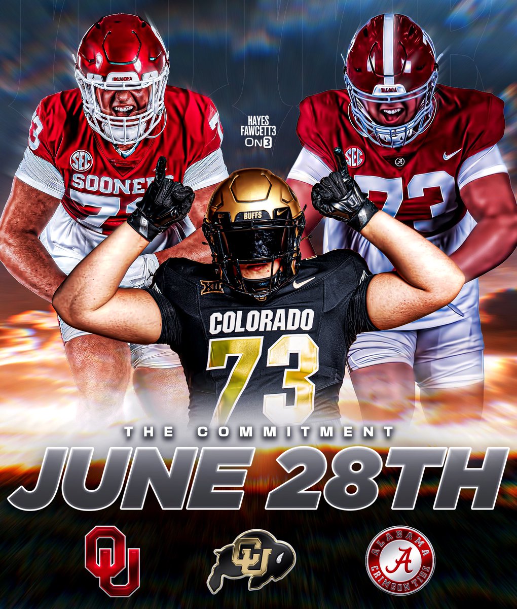 NEWS: Four-Star OT Deacon Schmitt is down to Alabama, Colorado, &amp; Oklahoma, he tells me for @on3recruits

The 6’5 320 OT from Windsor, CO has cancelled his OVs to USC, Tennessee, &amp; Nebraska 

He’ll announce his commitment on June 28th

Where Should He Go?

on3.com/db/deacon-schm…