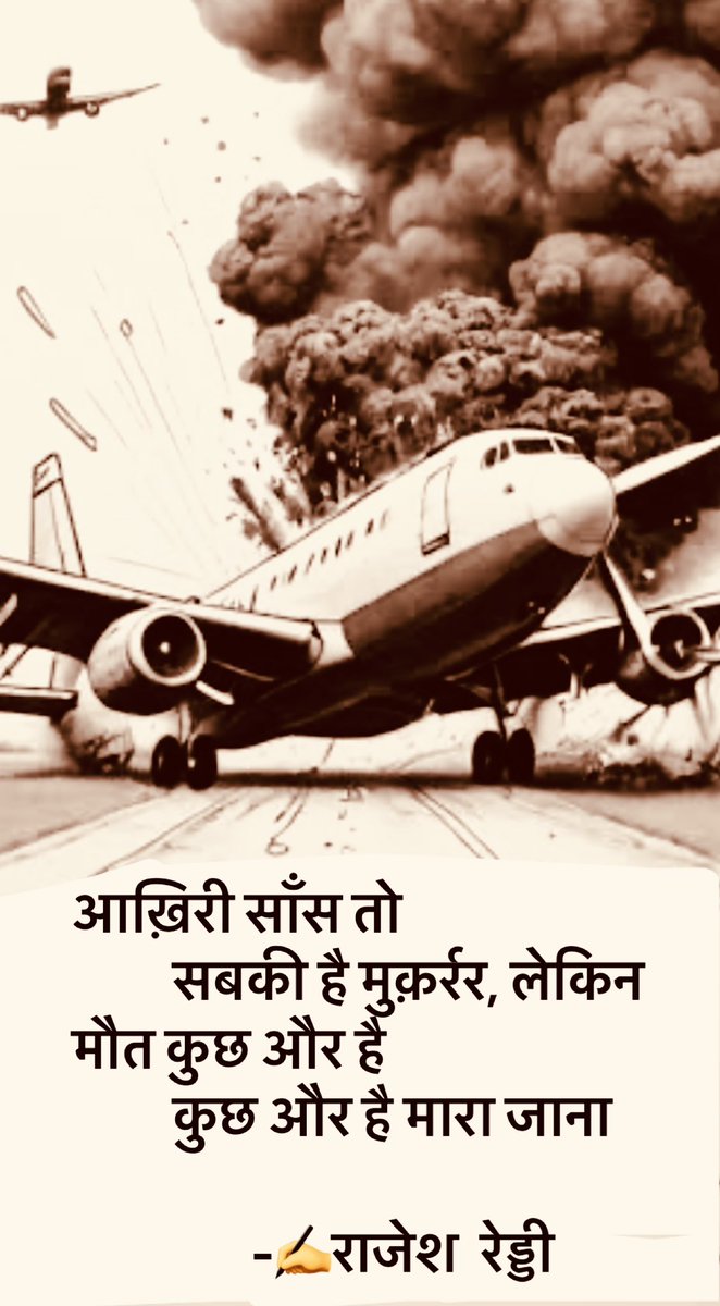 आख़िरी साँस तो 
         सबकी है मुक़र्रर, लेकिन
मौत कुछ और है 
         कुछ और है मारा जाना

                -✍️राजेश  रेड्डी 

अहमदाबाद विमान हादसा 

विनम्र श्रद्धांजलि 🙏💐