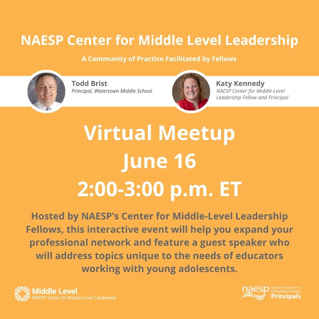 National Assoc. of Elementary School Principals (@naesp) on Twitter photo Join the <a href="/NAESP/">National Assoc. of Elementary School Principals</a> Center for Middle Level Leadership Community of Practice virtual meetup June 16, 2–3 p.m.!
Hosted by <a href="/WMSPal/">ᴛᴏᴅᴅ</a> and <a href="/ForsythKaty/">Katy Kennedy</a>, connect with peers to discuss key middle-level leadership strategies.
Register now: naesp.org/event/middle-l… Join the <a href="/NAESP/">National Assoc. of Elementary School Principals</a> Center for Middle Level Leadership Community of Practice virtual meetup June 16, 2–3 p.m.!
Hosted by <a href="/WMSPal/">ᴛᴏᴅᴅ</a> and <a href="/ForsythKaty/">Katy Kennedy</a>, connect with peers to discuss key middle-level leadership strategies.
Register now: naesp.org/event/middle-l…
