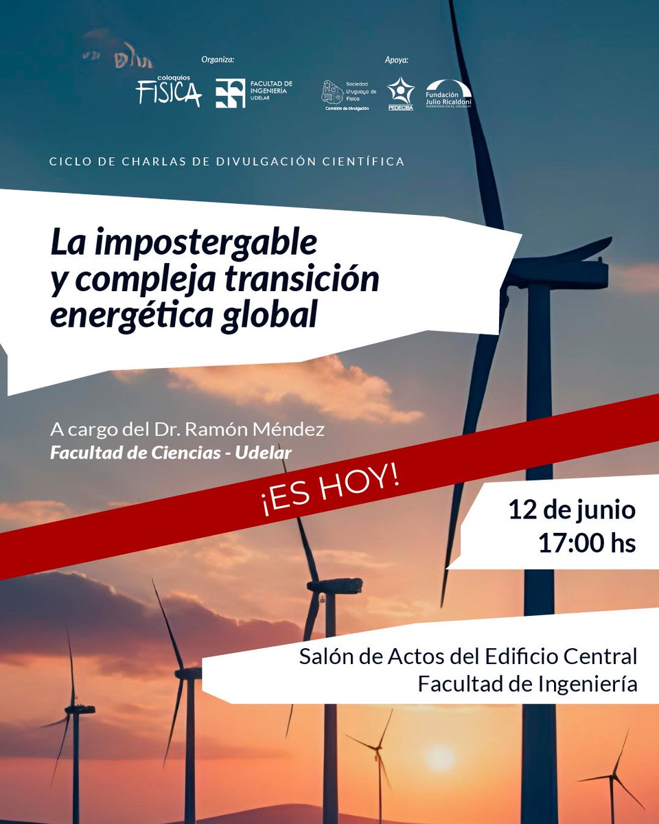 ¡Es hoy!
🗓 Los esperamos a las 17h en el Coloquio “La impostergable y compleja transición energética global”, a cargo del Dr. Ramón Méndez.

📍 Salón de Actos – Edificio Central, Facultad de Ingeniería