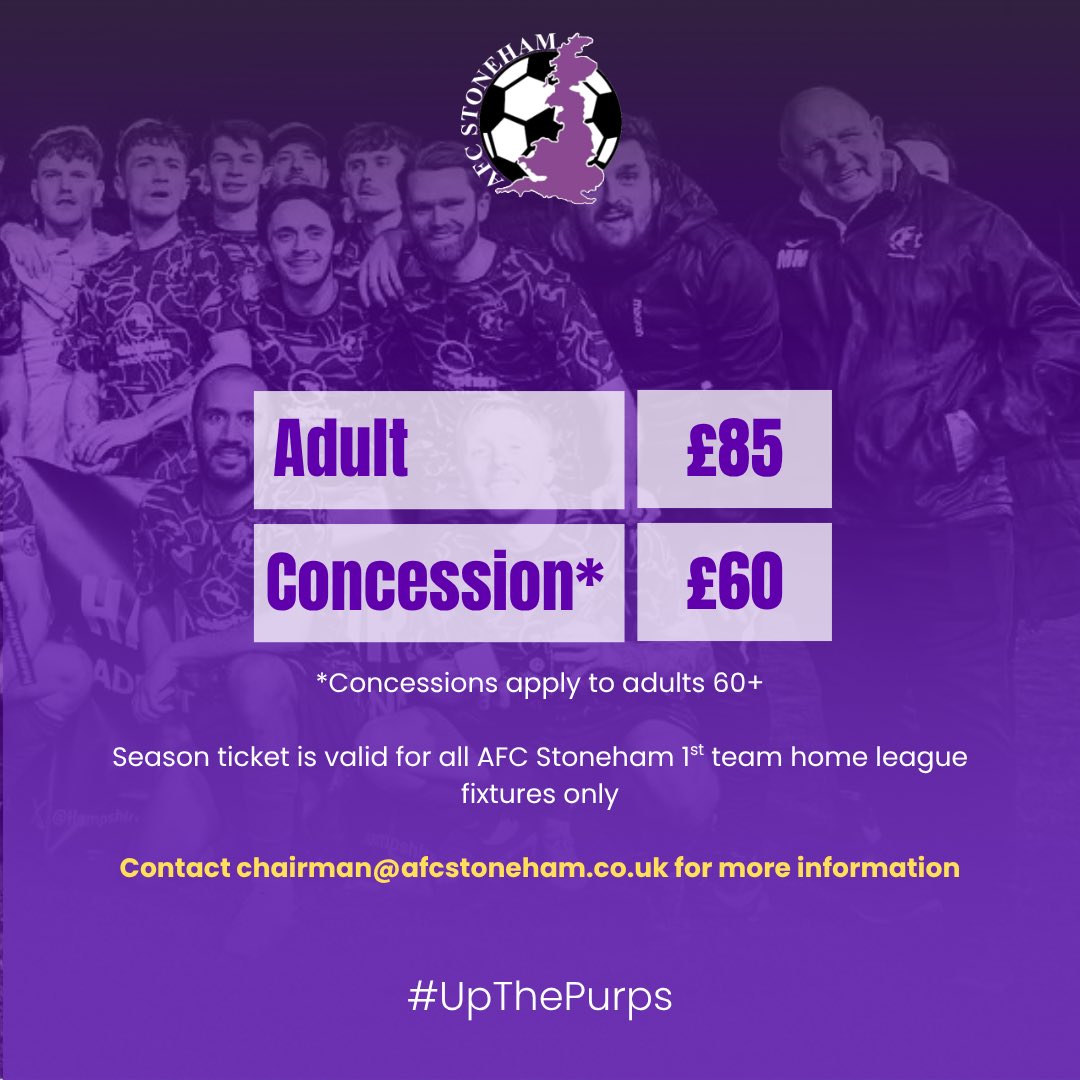 Season Tickets 🎟️ 

Secure yours now! Contact - chairman@afcstoneham.co.uk

#UpThePurps 💜⚽️