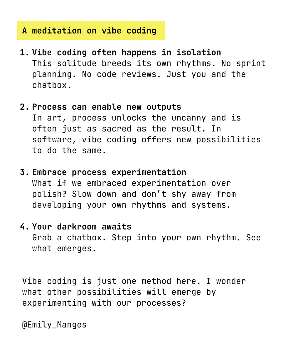 Emily_Manges's tweet image. Vibe coding started as a way to learn. Now it’s something like a practice. Some thoughts on building with intuition.
Thanks to @AIResidency for encouraging this kind of work.