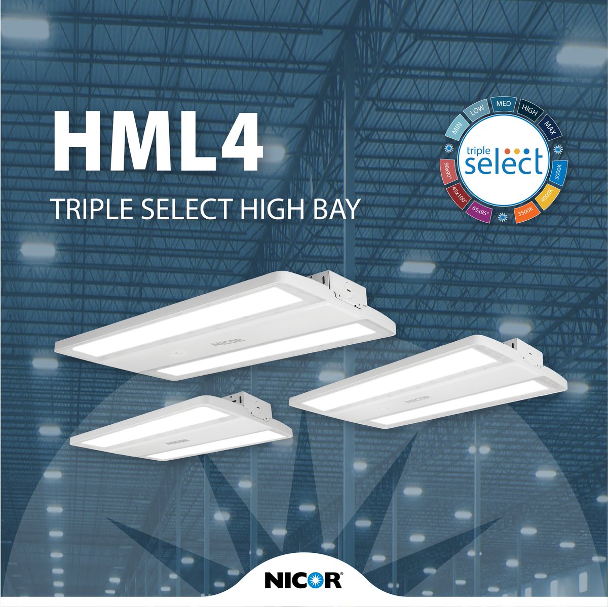 NICORlighting's tweet photo. ✨ Meet the HML4 — the high bay that lets you triple your control.
Choose your wattage, color temperature, and beam angle for lighting that fits your space perfectly.

Ready to customize? https://t.co/wSScPOrdlm https://t.co/3Gmq8dLIw8