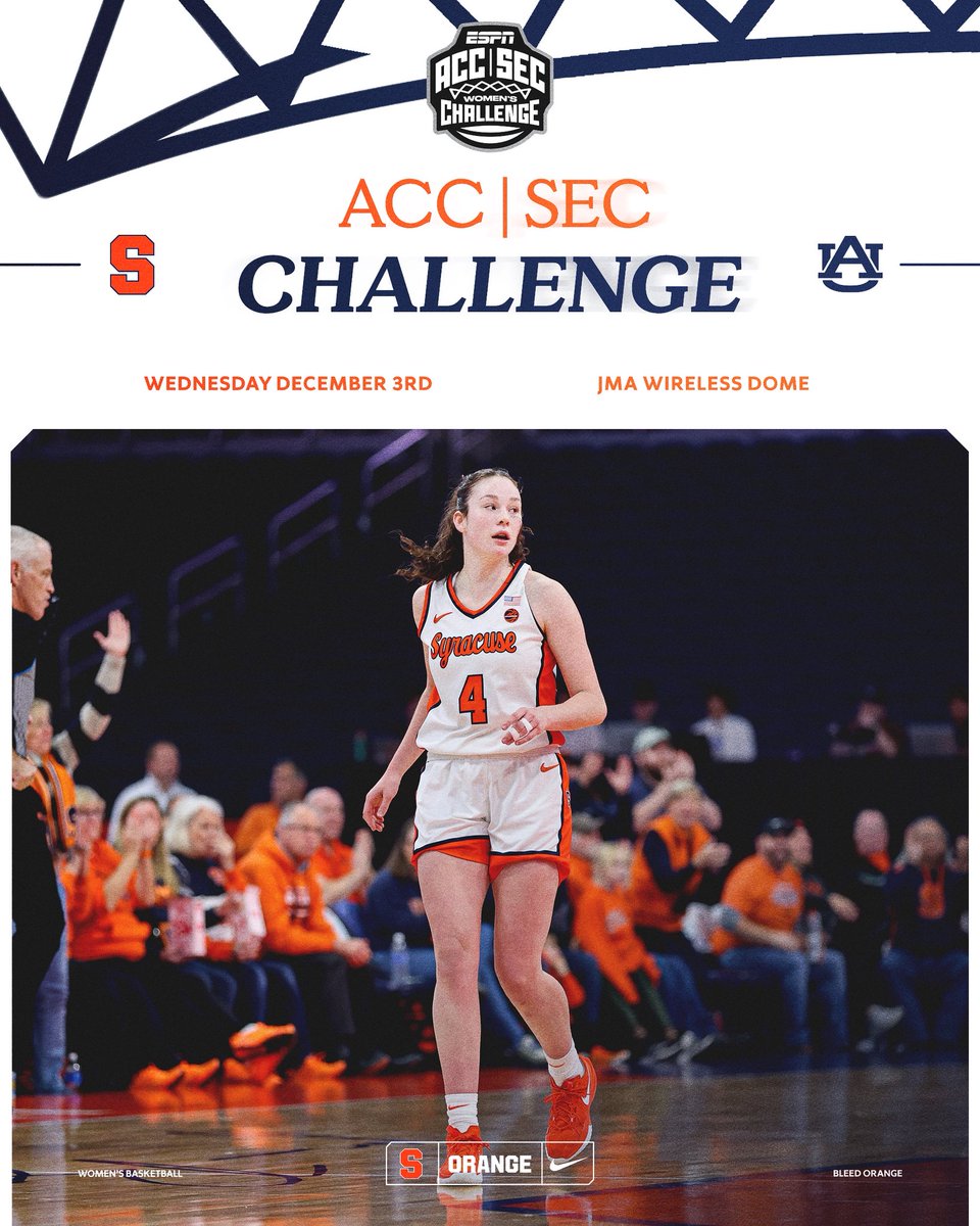 CuseWBB's tweet image. Ready for 𝐭𝐡𝐞 𝐜𝐡𝐚𝐥𝐥𝐞𝐧𝐠𝐞.
We will host Auburn at the JMA Wireless Dome on Wednesday, December 3, for the 2025 ACC/SEC Challenge.