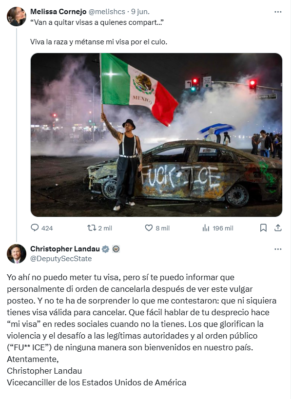 azucenau's tweet photo. 🇺🇸 EE.UU. cancela visa a consejera estatal de Morena

El subsecretario de Estado, Christopher Landau (@DeputySecState) habría ordenado cancelar la visa de Melissa Cornejo (@melishcs), consejera estatal de #Morena en Jalisco, tras un mensaje considerado ofensivo.

📄@GildoGarzaMx https://t.co/cNf52bWF1X