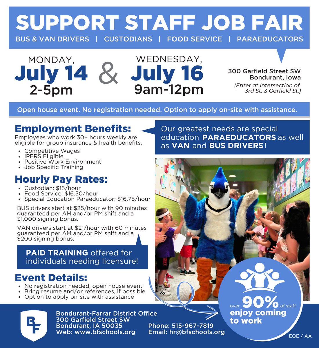 We're hiring!  🚨

Join us at our Support Staff Job Fair to learn more about open positions, apply on-site, and explore career opportunities in our schools. No registration needed. We hope to see you there!

Learn more: bit.ly/4l31JBu

#WeAreBondurantFarrar 💙
