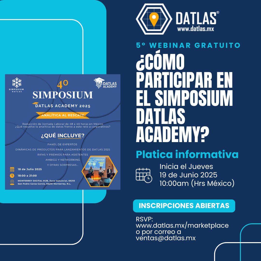 ¿Ya conoces nuestro evento anual Simposium Datlas Academy? ¿Sabes que este año es la 4ta edición? ¿Sabes que puedes colaborar como patrocinador y/o como asistente? Descubre todos los detalles... Regístrate GRATIS en: datlas.mx/marketplace/#!…