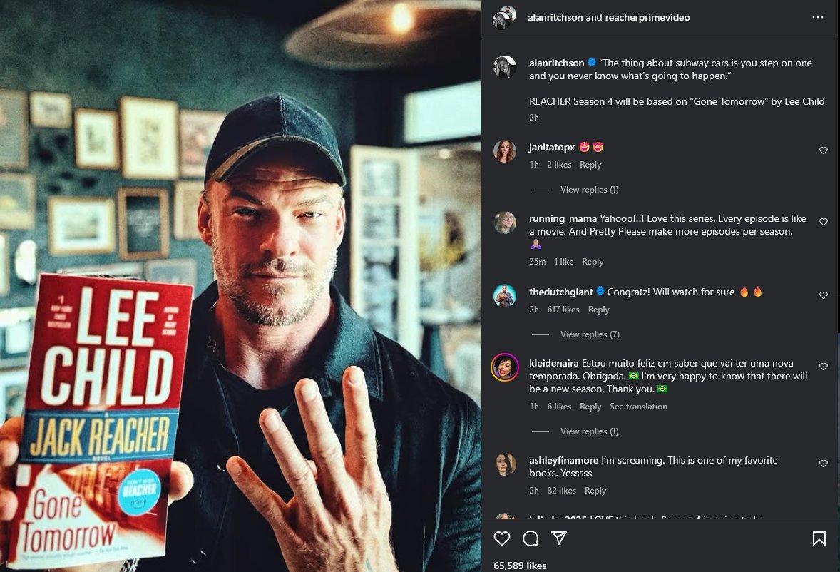 Reacher Update!
S04 will be based on Gone Tomorrow by Lee Child. 💪

"The thing about subway cars is you step on one and you never know what’s going to happen."

Reacher witnesses a potential suicide bomber on a New York subway and gets entangled in a web of conspiracy.
#Reacher