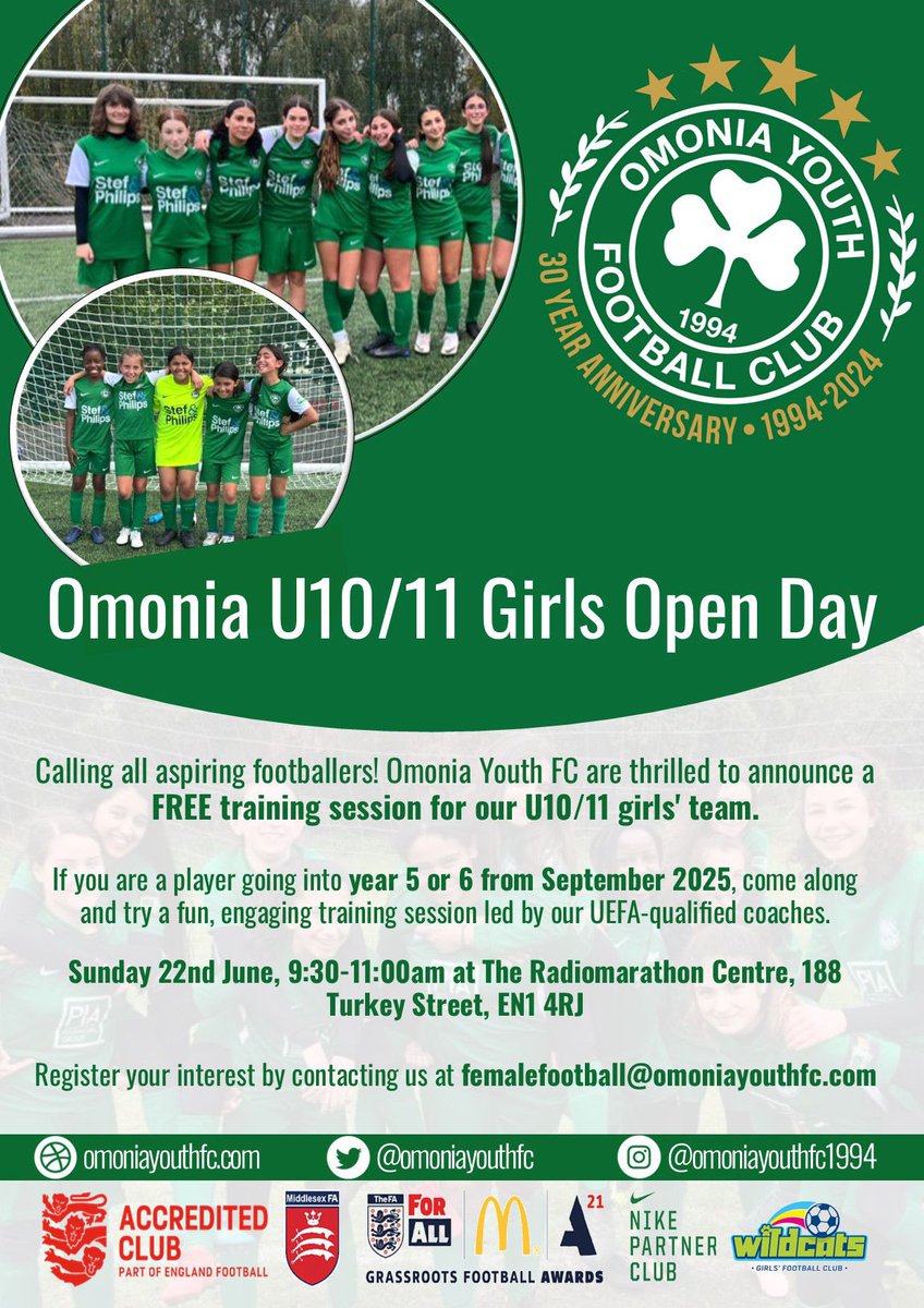 ⚽️ FREE Girls’ Football Sessions!

📍 Radiomarathon Centre, EN1 4RJ
📅 Sat 21 &amp; Sun 22 June
👧 U10/11, U13, U15, U18 (2024/25 school year)

🕥 Sat 10:30–12 (U18)
🕤 Sun 9:30–11 (U10/11), 11–12:30 (U13 &amp; U15)

📧 femalefootball@omoniayouthfc.com
#OmoniaYouthFC #GirlsFootball