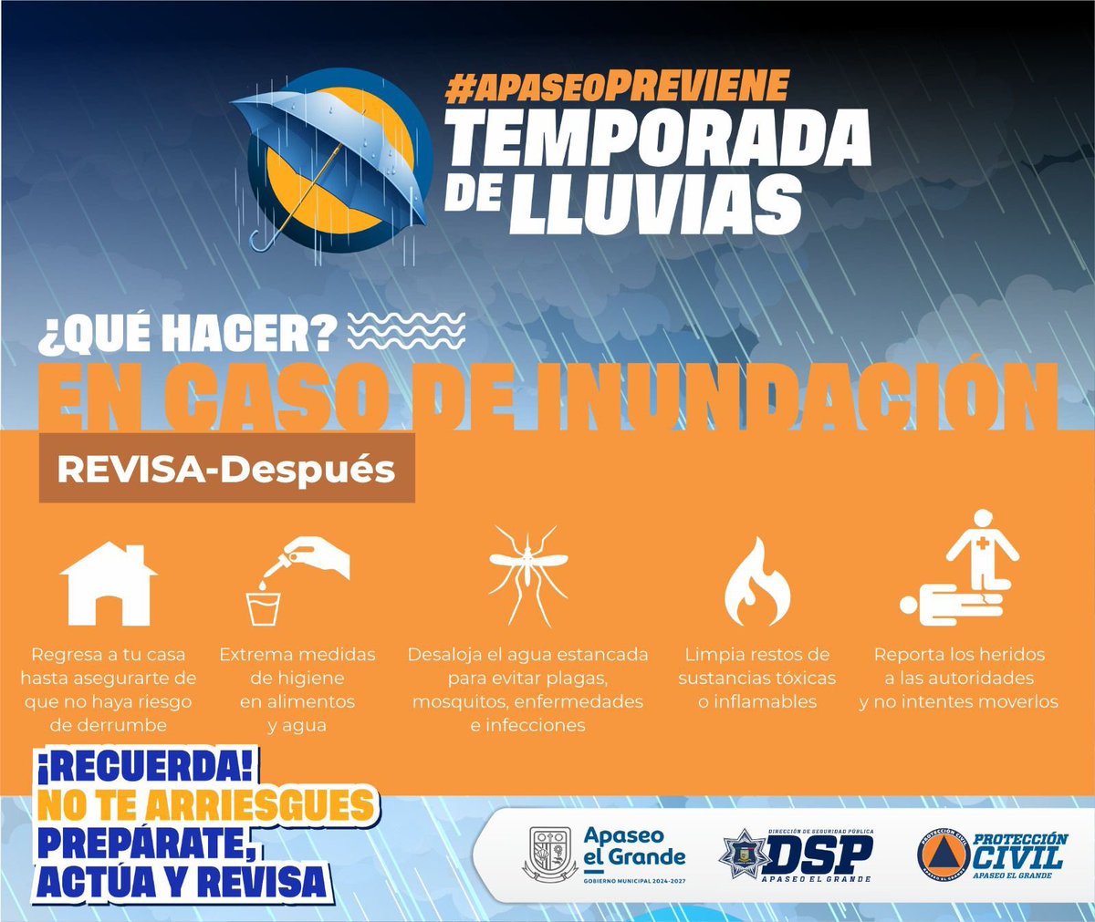 Esta temporada de lluvias
#ApaseoPreviene 

Conoce lo que debes hacer en caso de #Inundación.

Contigo, Apaseo #SiempreGrande