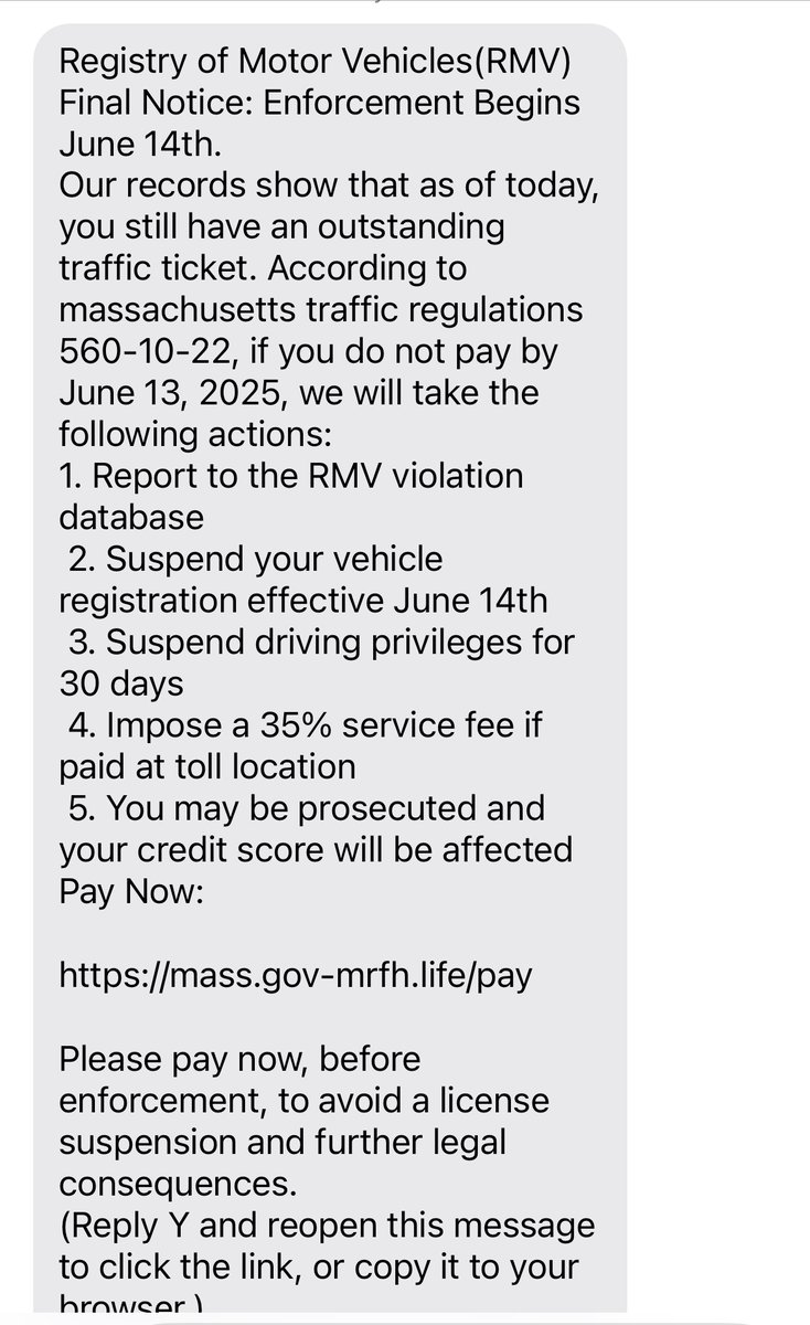 Wilmington MA Police (@wilmingtonmapd) on Twitter photo Beware of texts claiming you owe traffic fines & threatening license suspension. These are scams! Don’t click links or give personal info.
✅ <a href="/MassRMV/">Massachusetts RMV</a> won’t contact you this way.
🔗 Check issues at mass.gov/RMV
Report & delete the message. Stay sharp! #WilmingtonMA Beware of texts claiming you owe traffic fines & threatening license suspension. These are scams! Don’t click links or give personal info.
✅ <a href="/MassRMV/">Massachusetts RMV</a> won’t contact you this way.
🔗 Check issues at mass.gov/RMV
Report & delete the message. Stay sharp! #WilmingtonMA