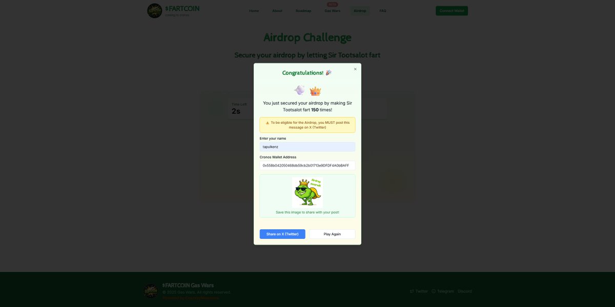 Wooww.. I just made Sir Tootsalot fart 150 times and secured my airdrop from <a href="/Fartcoincro/">Fartcoin CRO</a>! 💨👑

Name: tapulkenz
Wallet: 0x558b042050468db59cb2b01713e9DFDF4A0bBAFF

Try yourself on fartcoincro.com

#FartCoin #Airdrop #CronosChain
