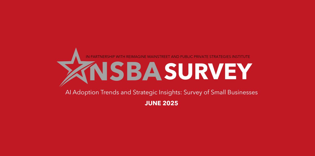 NSBA (@nsbaadvocate) on Twitter photo This week, a new survey on Small Business and AI adoption was released by <a href="/ReimagineMainSt/">Reimagine Main Street</a>, a project of the <a href="/pps_institute/">Public Private Strategies Institute</a>.
The survey, AI Adoption Trends and Strategic Insights: Survey of Small Businesses, was fielded in partnership with NSBA and several other business This week, a new survey on Small Business and AI adoption was released by <a href="/ReimagineMainSt/">Reimagine Main Street</a>, a project of the <a href="/pps_institute/">Public Private Strategies Institute</a>.
The survey, AI Adoption Trends and Strategic Insights: Survey of Small Businesses, was fielded in partnership with NSBA and several other business