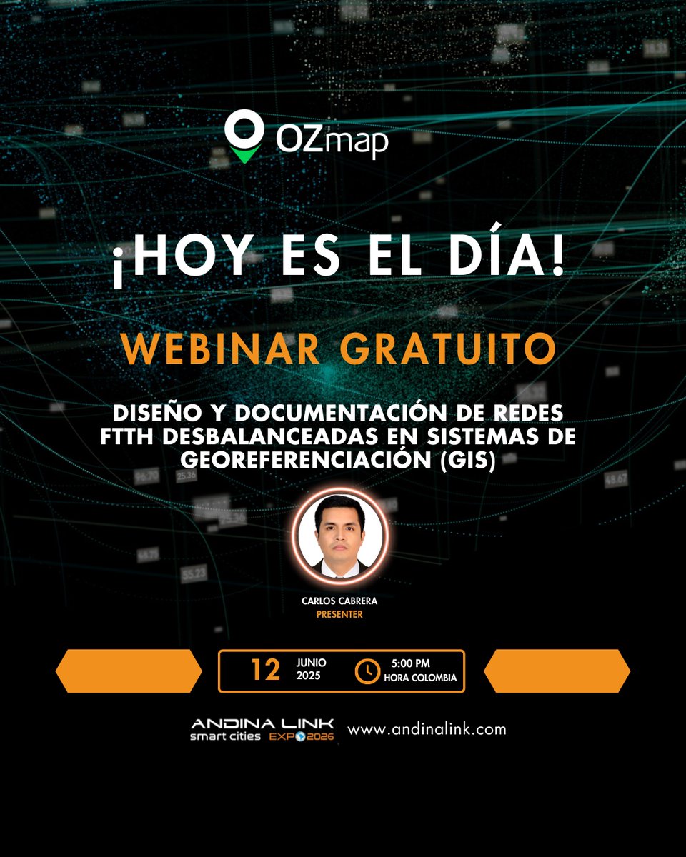 📍¡ES HOY!
Webinar gratuito: Diseño y documentación de redes FTTH desbalanceadas en GIS

🕒 5:00 PM (Hora Colombia)

🔗 Inscríbete aquí: event.webinarjam.com/register/168/l…