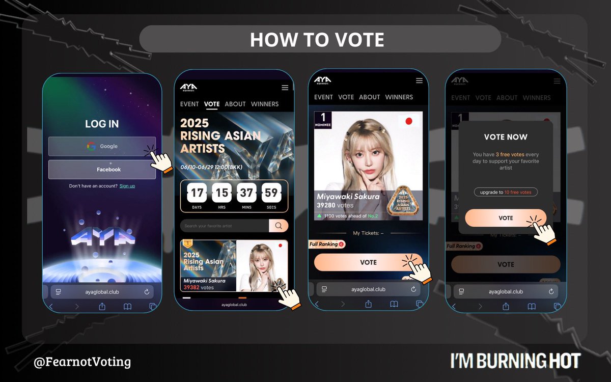 [🔔| Voting reset for AYA]

Reminder for FEARNOTs to vote for SAKURA on AYA‼️

TO-DO:
✅ Log in
✅ Click on Sakura’s photo
✅ Use your 3 free tickets per day to vote

🔁 use multiple G- accounts!

🗳️: ayaglobal.club/idol/512

📅 Ends: 06/29 at 02:00 AM KST

#LE_SSERAFIM #르세라핌