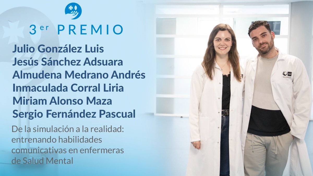 ⏺️ Julio González, Jesús Sánchez, Almudena Medrano, Inmaculada Corral, Miriam Alonso y Sergio Fernández logran el 3º premio por 'De la simulación a la realidad: entrenando habilidades comunicativas en #enfermeras de Salud Mental’

¡Felicidades!

#PremiosCODEM2025